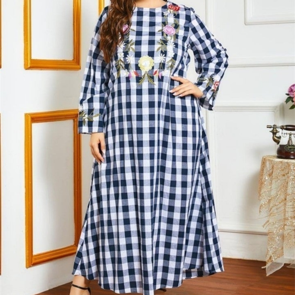 Siskakia Floral Embroidery Plaid Long dress for women